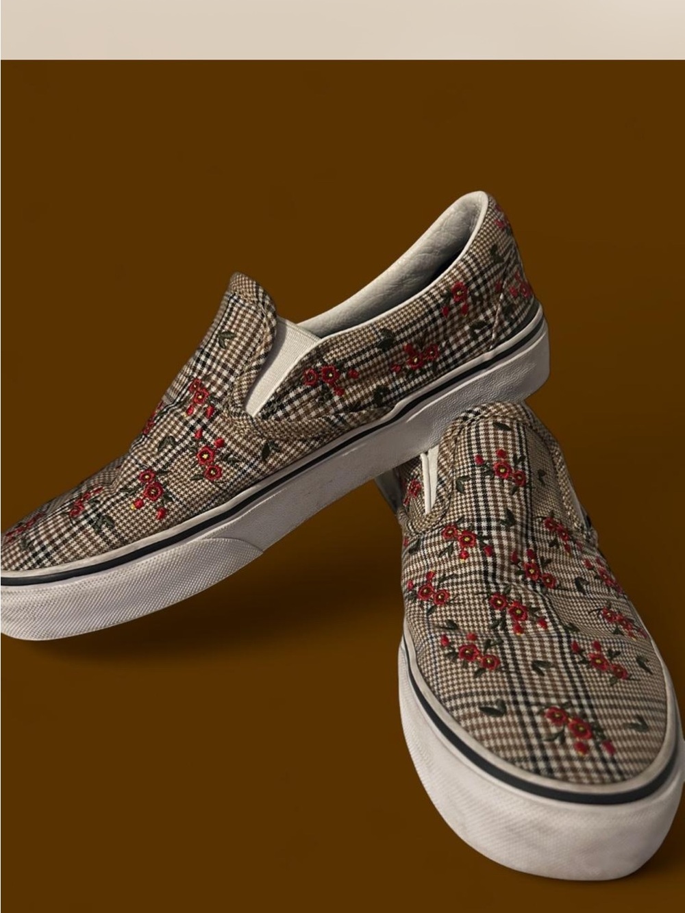 Woman’s Slip-On Canvas Shoes in Brown Plaid with Red Floral Accent